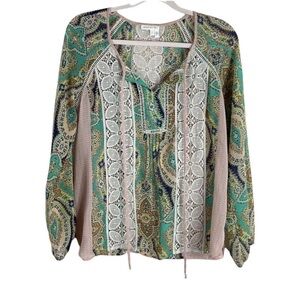 ANTHROPOLOGIE MEADOW RUE womens S Green Giada floral print crochet peasant top